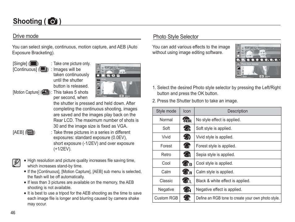 Shooting ( ), Photo style selector drive mode | Samsung EC-SL630ZBPSUS User Manual | Page 47 / 103