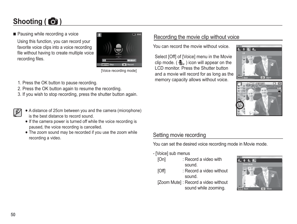 Shooting ( ), Recording the movie clip without voice, Setting movie recording | Samsung EC-SL630ZBPSUS User Manual | Page 51 / 103