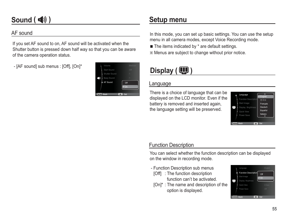 Setup menu, Display ( ) sound, Af sound | Language, Function description | Samsung EC-SL630ZBPSUS User Manual | Page 56 / 103