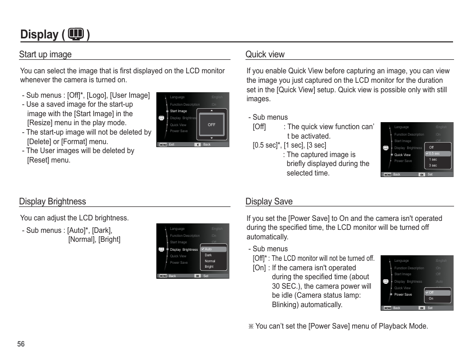 Display ( ), Quick view, Display save | Display brightness, Start up image | Samsung EC-SL630ZBPSUS User Manual | Page 57 / 103