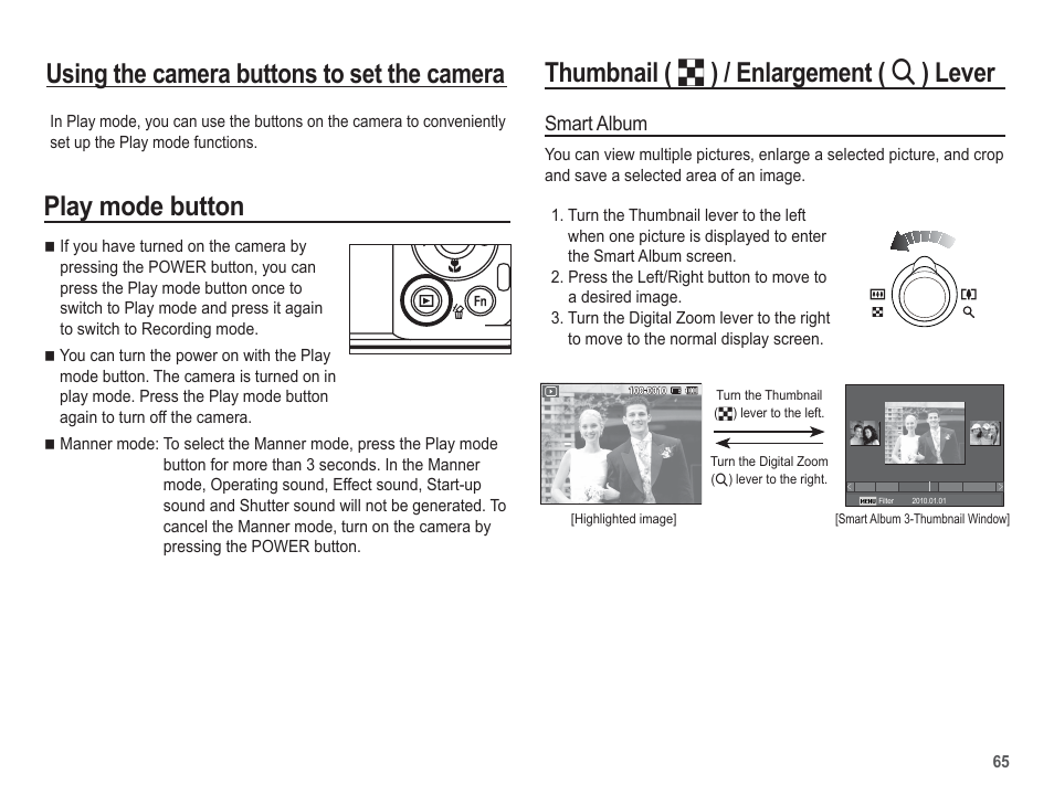 Thumbnail ( º ) / enlargement ( í ) lever, Using the camera buttons to set the camera, Play mode button | Smart album | Samsung EC-SL630ZBPSUS User Manual | Page 66 / 103