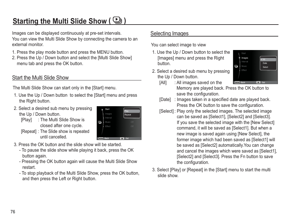 Starting the multi slide show ( ), Start the multi slide show, Selecting images | Samsung EC-SL630ZBPSUS User Manual | Page 77 / 103