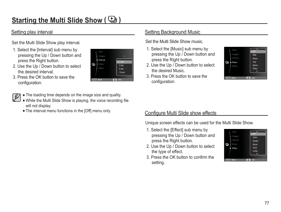 Starting the multi slide show ( ), Setting background music | Samsung EC-SL630ZBPSUS User Manual | Page 78 / 103
