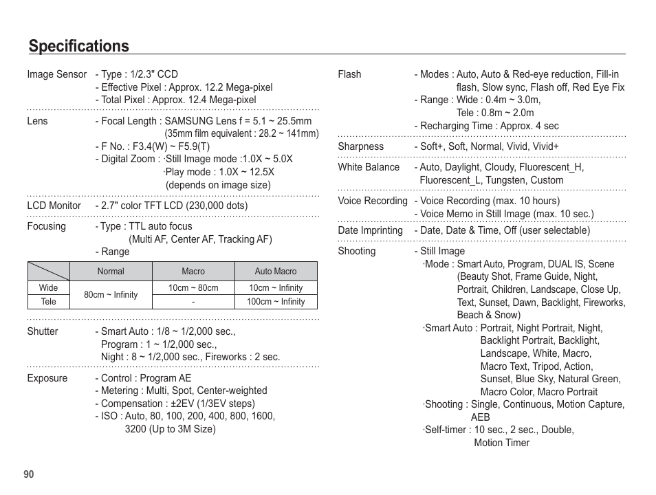 Specifications | Samsung EC-SL630ZBPSUS User Manual | Page 91 / 103