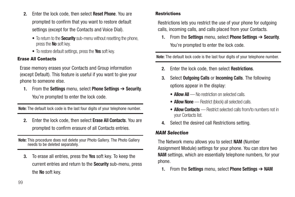 Erase all contacts, Restrictions, Nam selection | Samsung SCH-U350ZIAATL User Manual | Page 102 / 137