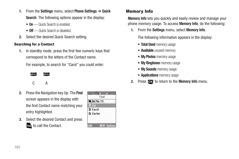 Searching for a contact, Memory info | Samsung SCH-U350ZIAATL User Manual | Page 104 / 137