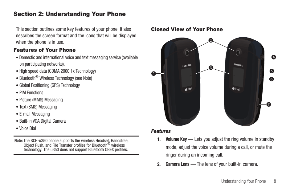 Section 2: understanding your phone, Features of your phone, Closed view of your phone | Features, Features of your phone closed view of your phone | Samsung SCH-U350ZIAATL User Manual | Page 11 / 137