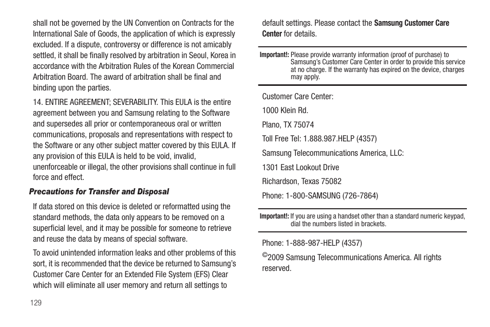 Precautions for transfer and disposal | Samsung SCH-U350ZIAATL User Manual | Page 132 / 137