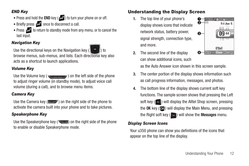 End key, Navigation key, Volume key | Camera key, Speakerphone key, Understanding the display screen, Display screen icons | Samsung SCH-U350ZIAATL User Manual | Page 15 / 137