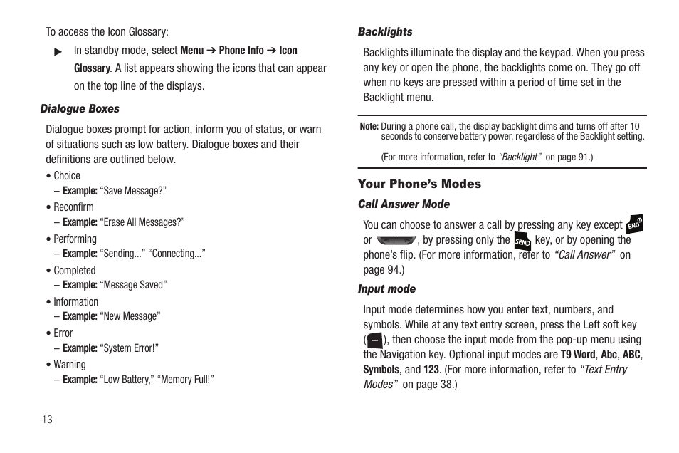 Dialogue boxes, Backlights, Your phone’s modes | Call answer mode, Input mode | Samsung SCH-U350ZIAATL User Manual | Page 16 / 137