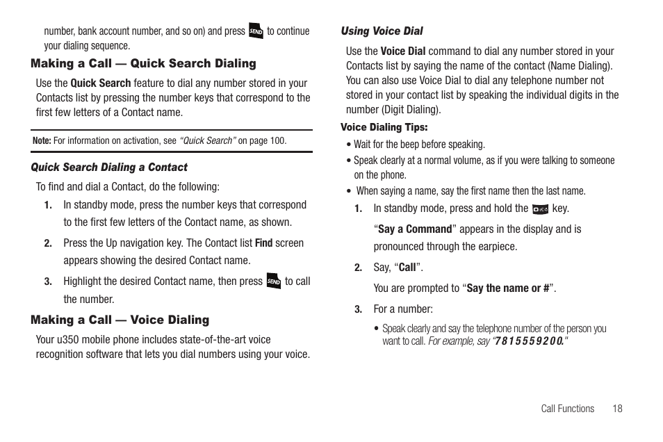 Making a call — quick search dialing, Quick search dialing a contact, Making a call — voice dialing | Using voice dial, Voice dialing tips | Samsung SCH-U350ZIAATL User Manual | Page 21 / 137