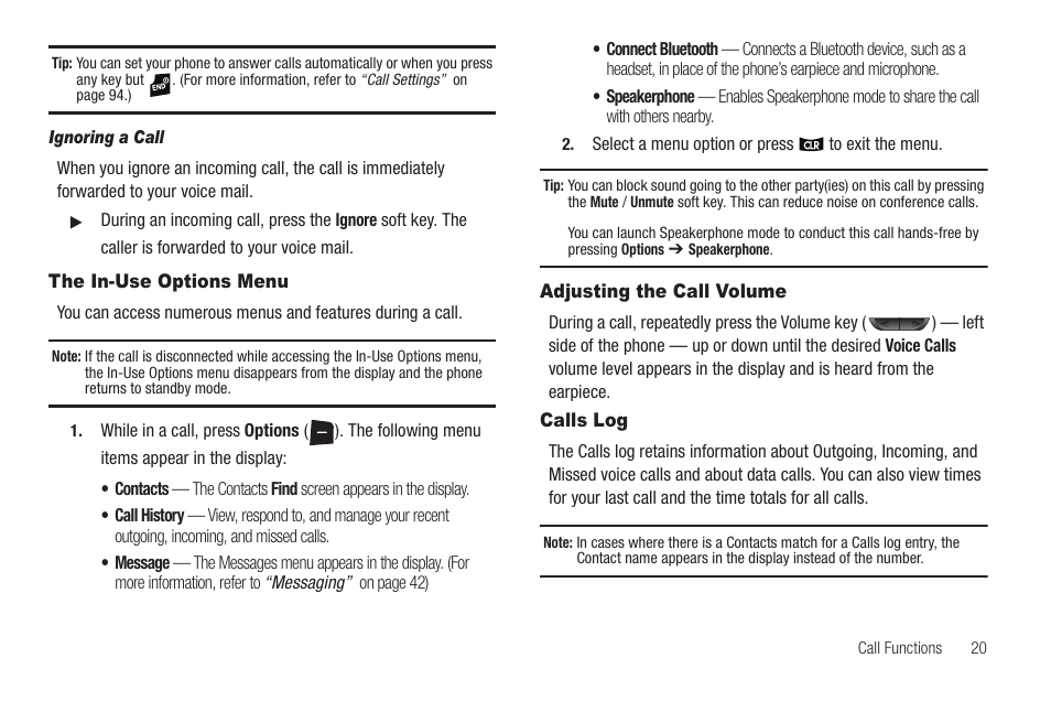 Ignoring a call, The in-use options menu, Adjusting the call volume | Calls log | Samsung SCH-U350ZIAATL User Manual | Page 23 / 137