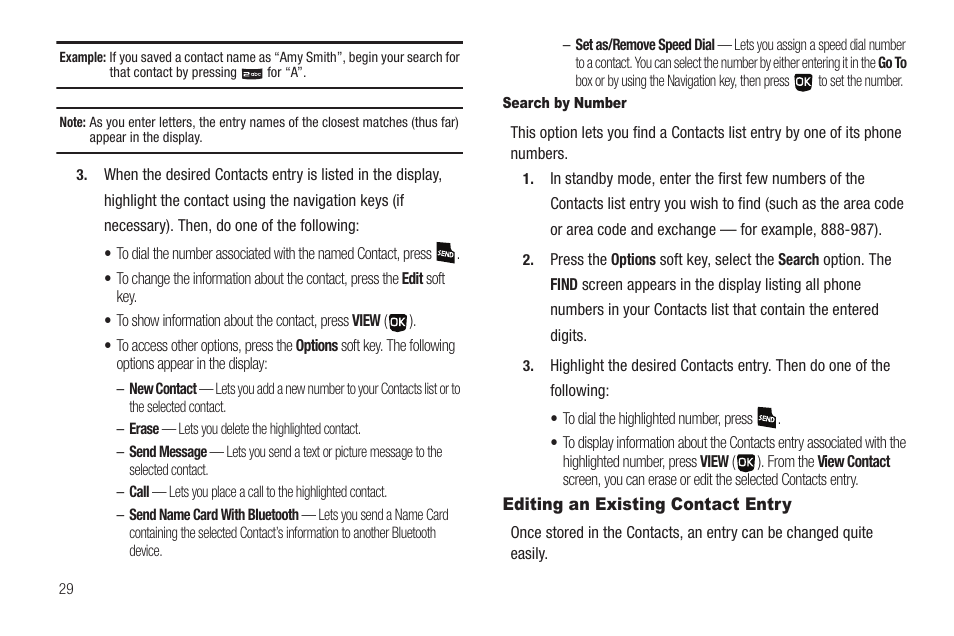 Search by number, Editing an existing contact entry | Samsung SCH-U350ZIAATL User Manual | Page 32 / 137