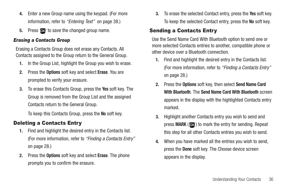 Erasing a contacts group, Deleting a contacts entry, Sending a contacts entry | Deleting a contacts entry sending a contacts entry | Samsung SCH-U350ZIAATL User Manual | Page 39 / 137