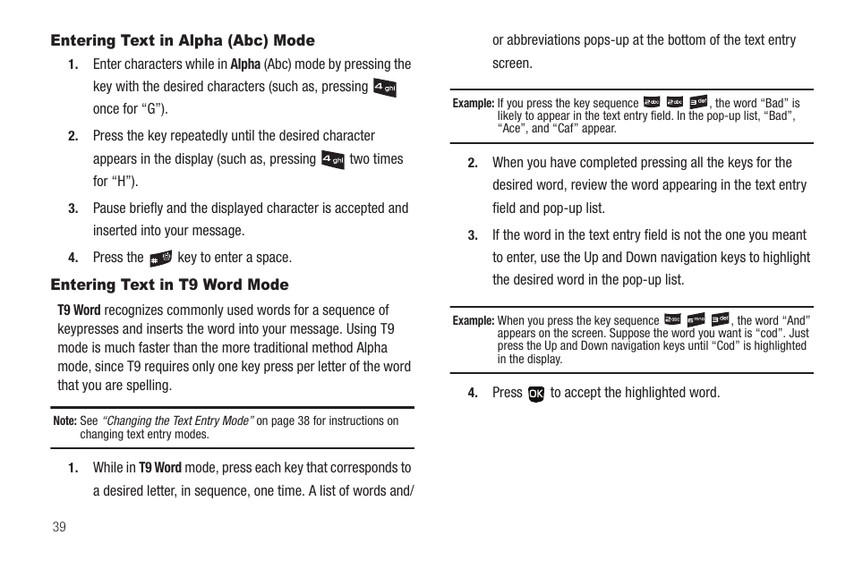 Entering text in alpha (abc) mode, Entering text in t9 word mode | Samsung SCH-U350ZIAATL User Manual | Page 42 / 137