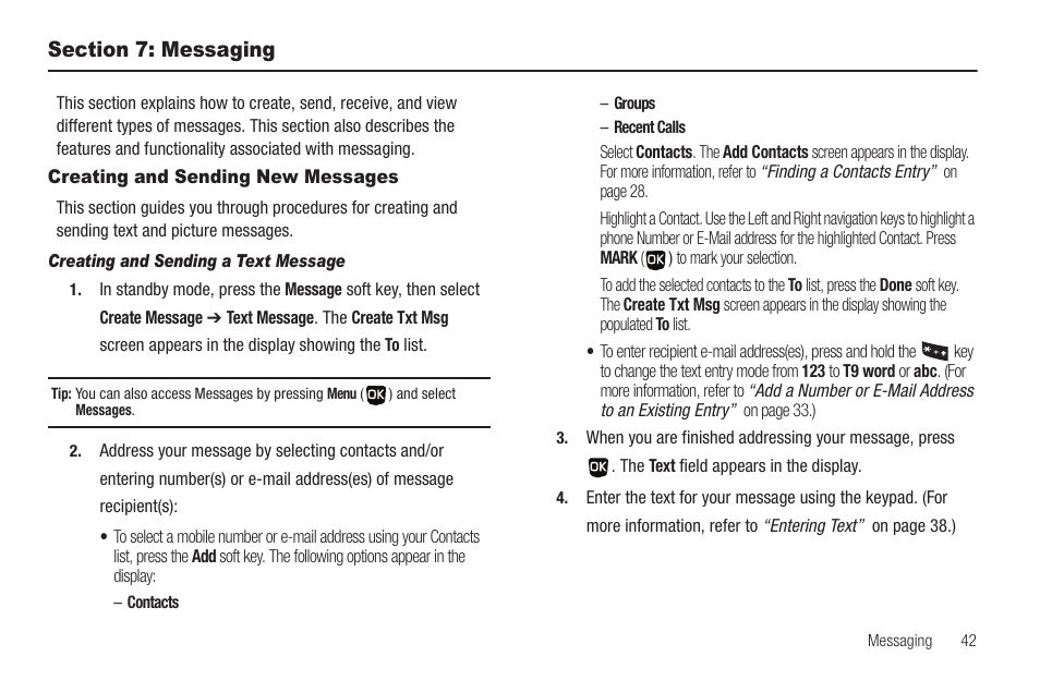 Section 7: messaging, Creating and sending new messages, Creating and sending a text message | You wish to send. (for more, Information, refer to “creating and sending new | Samsung SCH-U350ZIAATL User Manual | Page 45 / 137