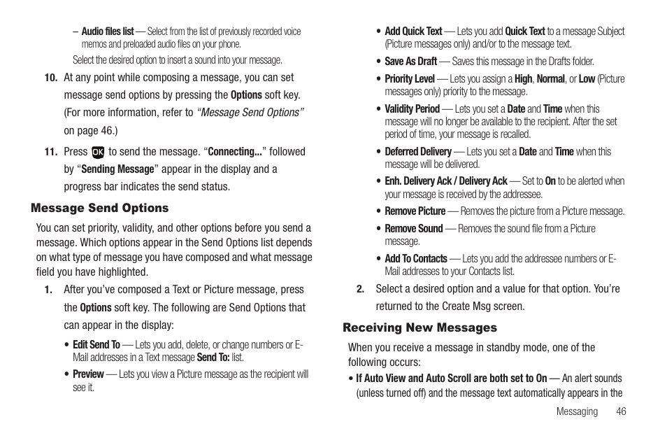 Message send options, Receiving new messages, Message send options receiving new messages | Samsung SCH-U350ZIAATL User Manual | Page 49 / 137