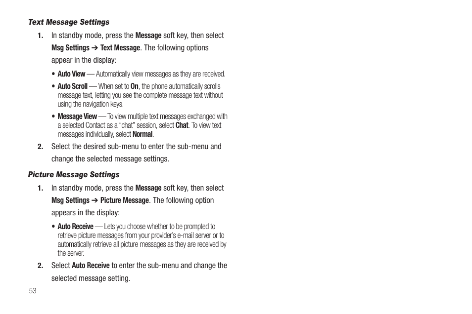 Text message settings, Picture message settings | Samsung SCH-U350ZIAATL User Manual | Page 56 / 137