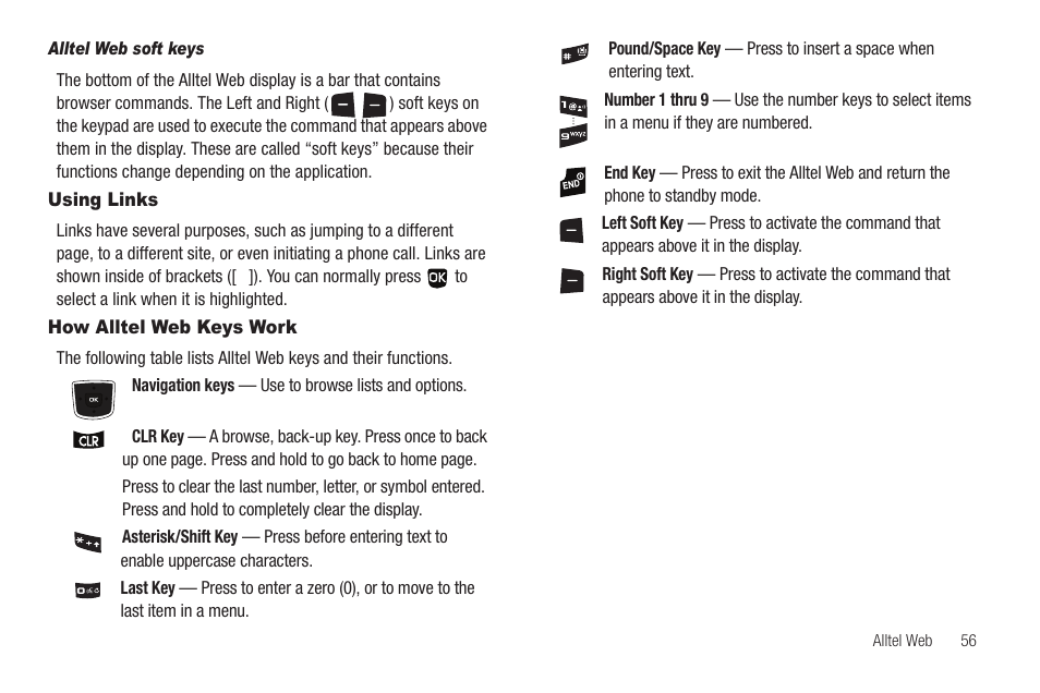 Alltel web soft keys, Using links, How alltel web keys work | Using links how alltel web keys work | Samsung SCH-U350ZIAATL User Manual | Page 59 / 137