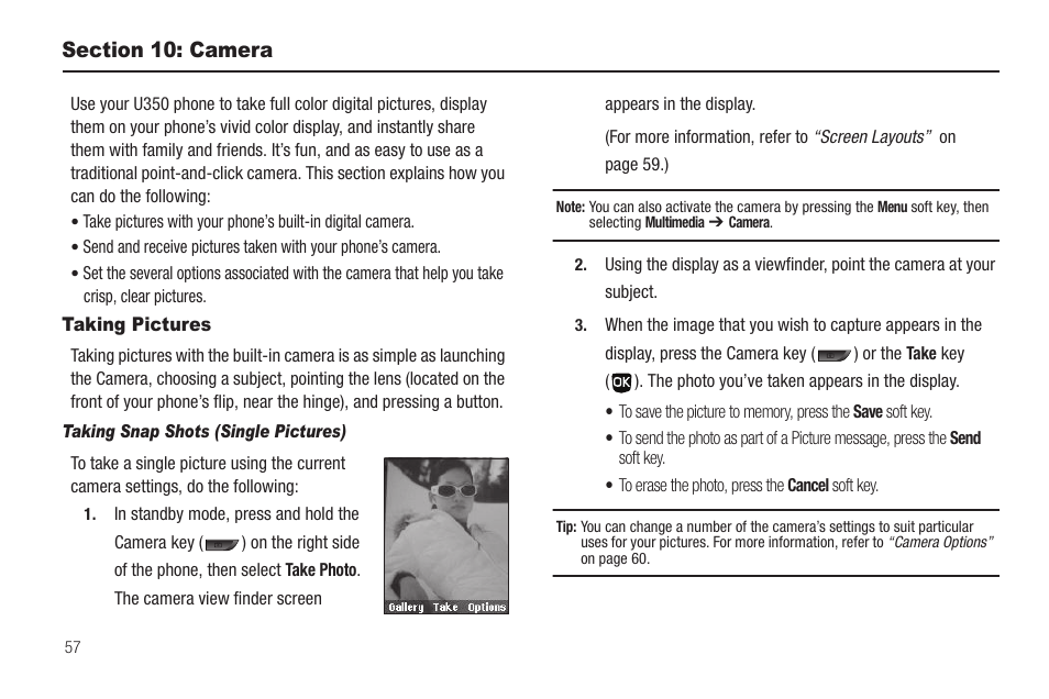 Section 10: camera, Taking pictures, Taking snap shots (single pictures) | Samsung SCH-U350ZIAATL User Manual | Page 60 / 137