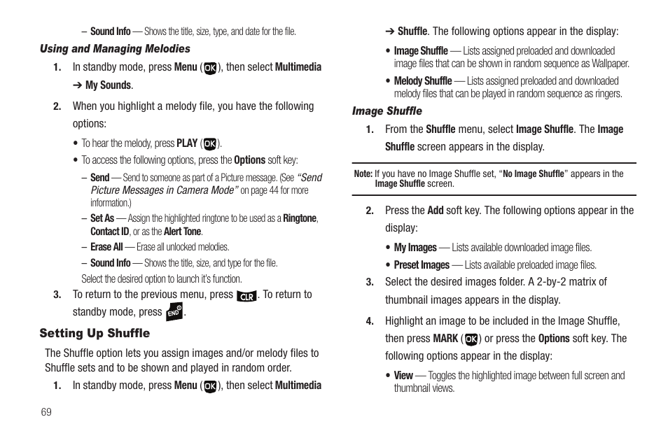 Using and managing melodies, Setting up shuffle, Image shuffle | Samsung SCH-U350ZIAATL User Manual | Page 72 / 137