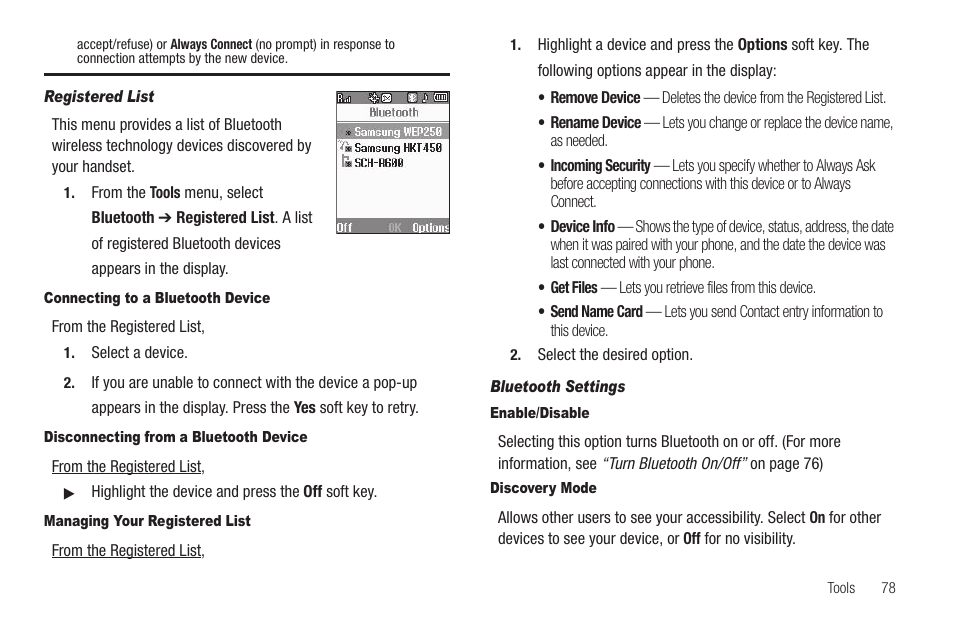 Registered list, Connecting to a bluetooth device, Disconnecting from a bluetooth device | Managing your registered list, Bluetooth settings, Enable/disable, Discovery mode | Samsung SCH-U350ZIAATL User Manual | Page 81 / 137