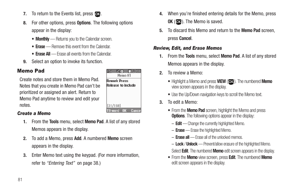 Memo pad, Create a memo, Review, edit, and erase memos | Samsung SCH-U350ZIAATL User Manual | Page 84 / 137