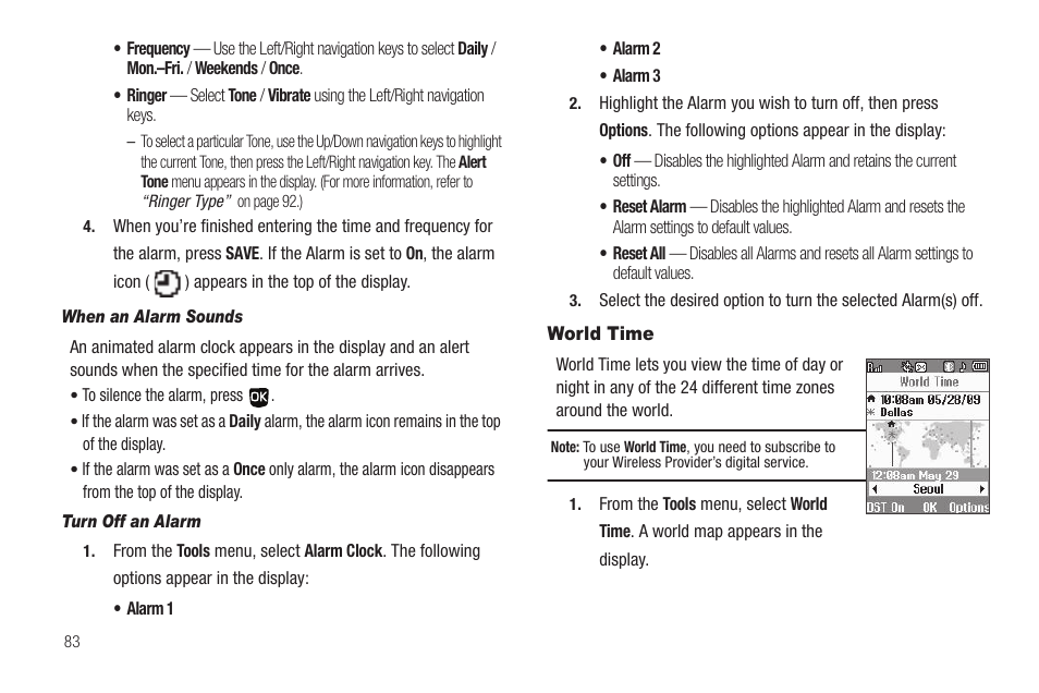 When an alarm sounds, Turn off an alarm, World time | Samsung SCH-U350ZIAATL User Manual | Page 86 / 137