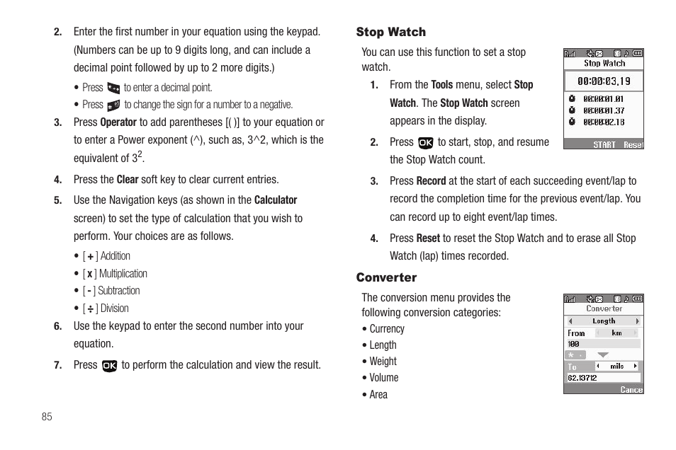 Stop watch, Converter, Stop watch converter | Samsung SCH-U350ZIAATL User Manual | Page 88 / 137