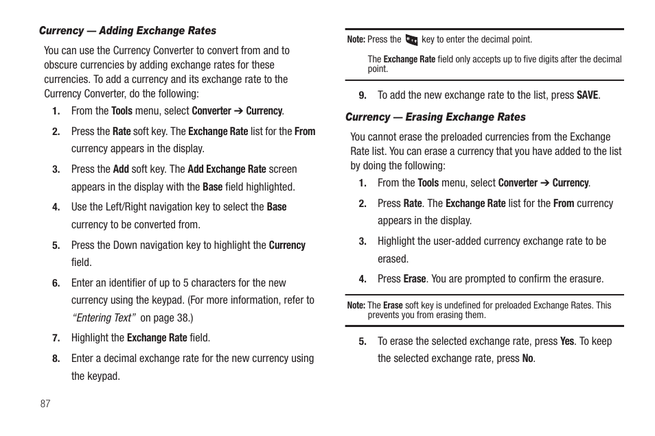 Currency — adding exchange rates, Currency — erasing exchange rates | Samsung SCH-U350ZIAATL User Manual | Page 90 / 137