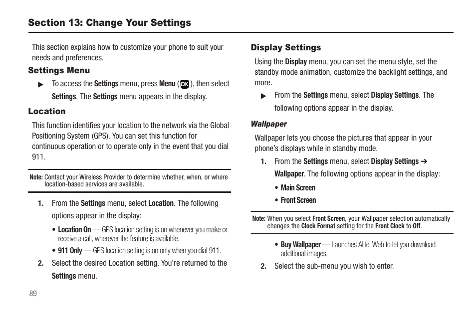 Section 13: change your settings, Settings menu, Location | Display settings, Wallpaper, Settings menu location display settings | Samsung SCH-U350ZIAATL User Manual | Page 92 / 137