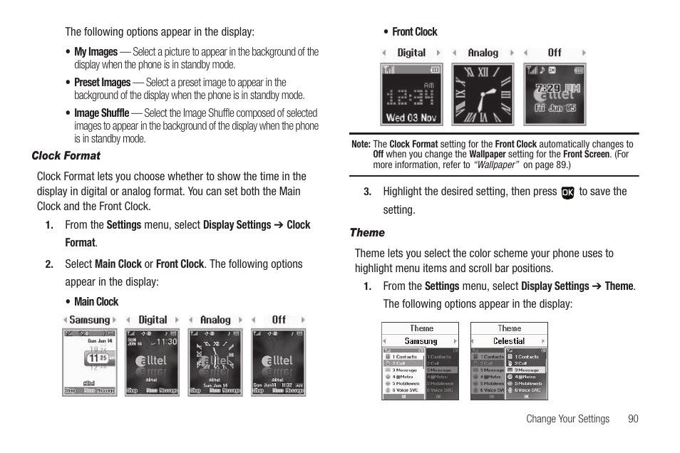 Clock format, Theme | Samsung SCH-U350ZIAATL User Manual | Page 93 / 137