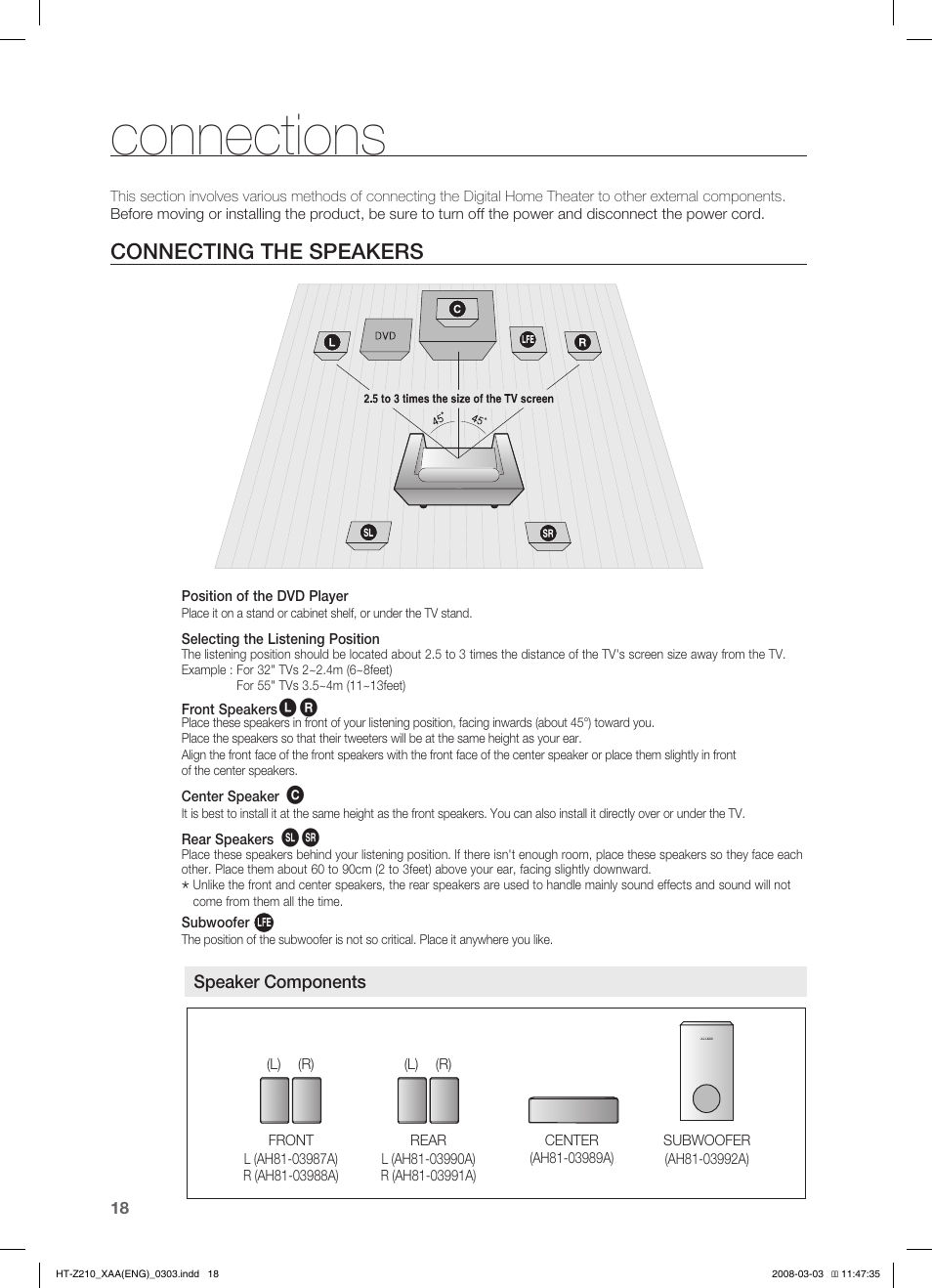 Connections, Connecting the speakers | Samsung HT-Z210T-XAA User Manual | Page 19 / 63