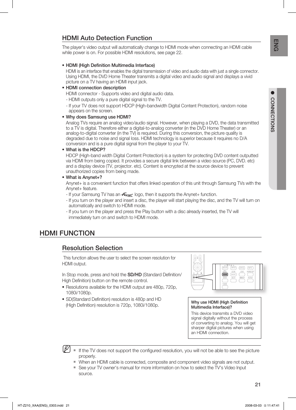 Hdmi function, Hdmi auto detection function, Resolution selection | Samsung HT-Z210T-XAA User Manual | Page 22 / 63