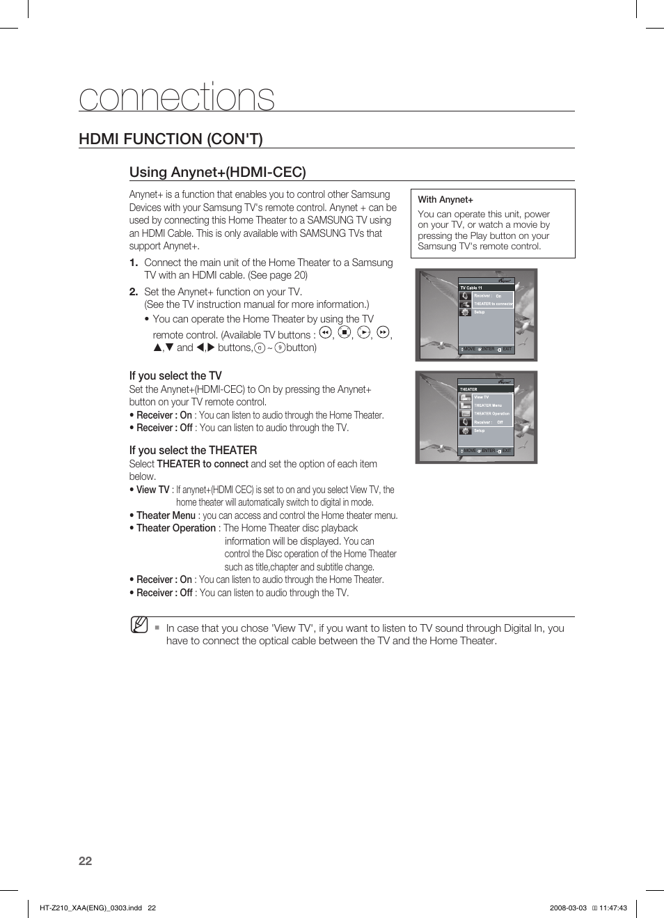 Connections, Hdmi function (con't), Using anynet+(hdmi-cec) | If you select the tv, If you select the theater | Samsung HT-Z210T-XAA User Manual | Page 23 / 63