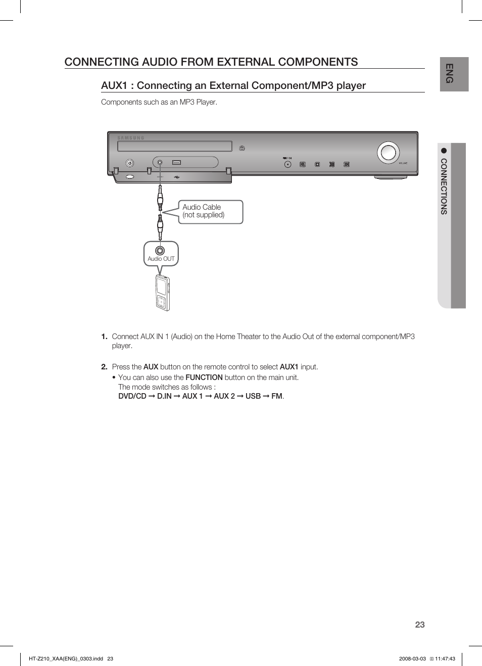 Connecting audio from external components, Aux1 : connecting an external component/mp3 player | Samsung HT-Z210T-XAA User Manual | Page 24 / 63
