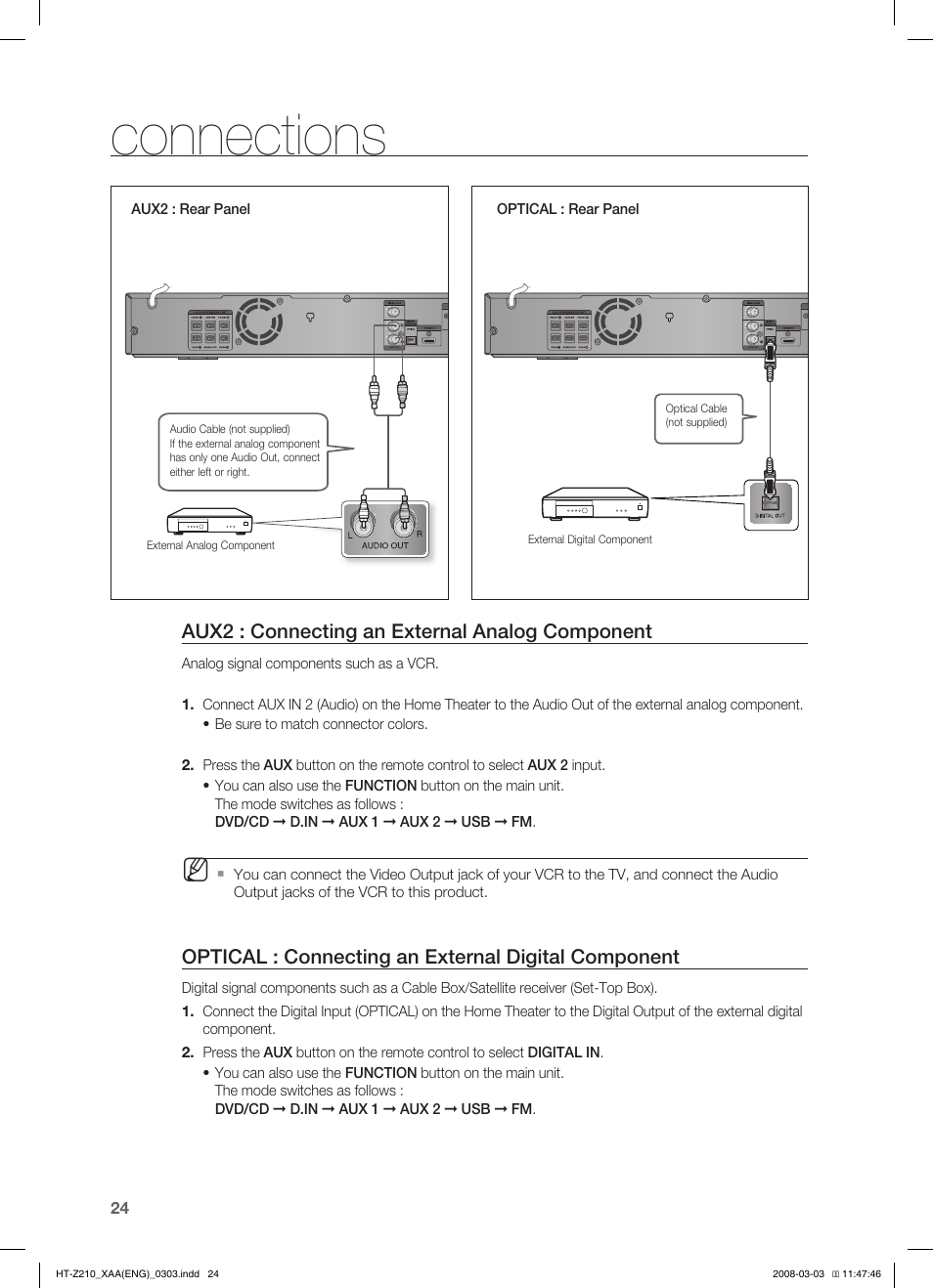 Connections, Aux2 : connecting an external analog component, Optical : connecting an external digital component | Samsung HT-Z210T-XAA User Manual | Page 25 / 63