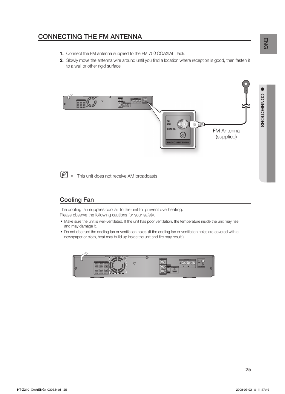 Before using your home theater, Connecting the fm antenna, Cooling fan | Samsung HT-Z210T-XAA User Manual | Page 26 / 63