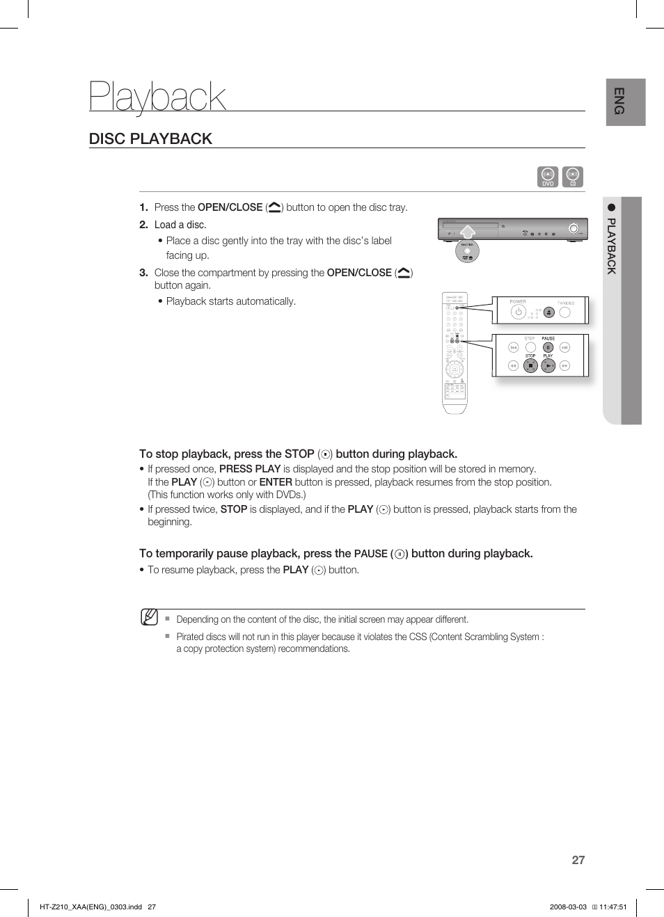 Playback, Disc playback | Samsung HT-Z210T-XAA User Manual | Page 28 / 63
