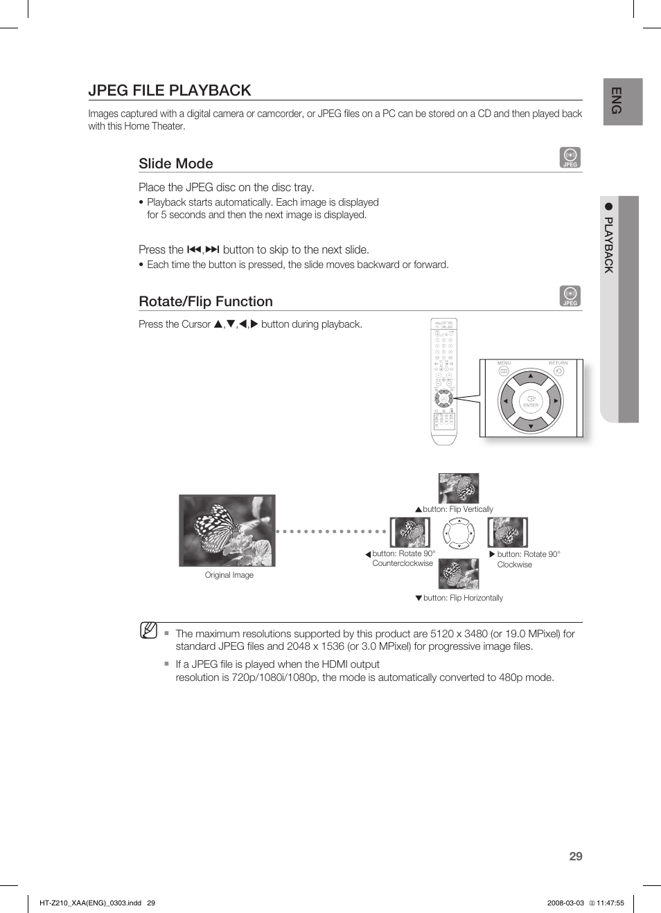 Jpeg file playback, Slide mode, Rotate/flip function | Samsung HT-Z210T-XAA User Manual | Page 30 / 63