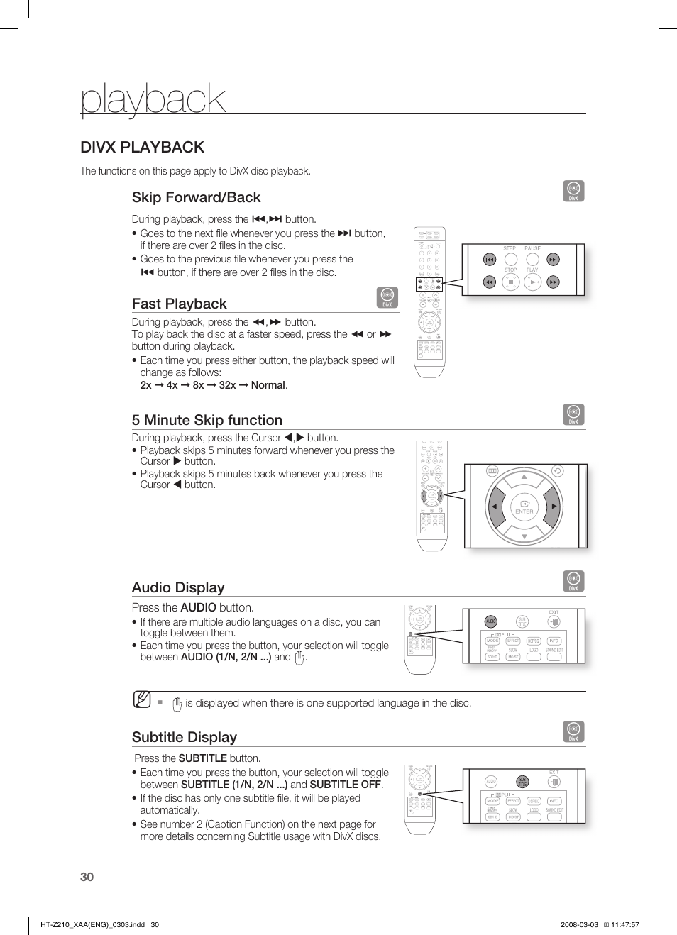 Playback, Divx playback | Samsung HT-Z210T-XAA User Manual | Page 31 / 63