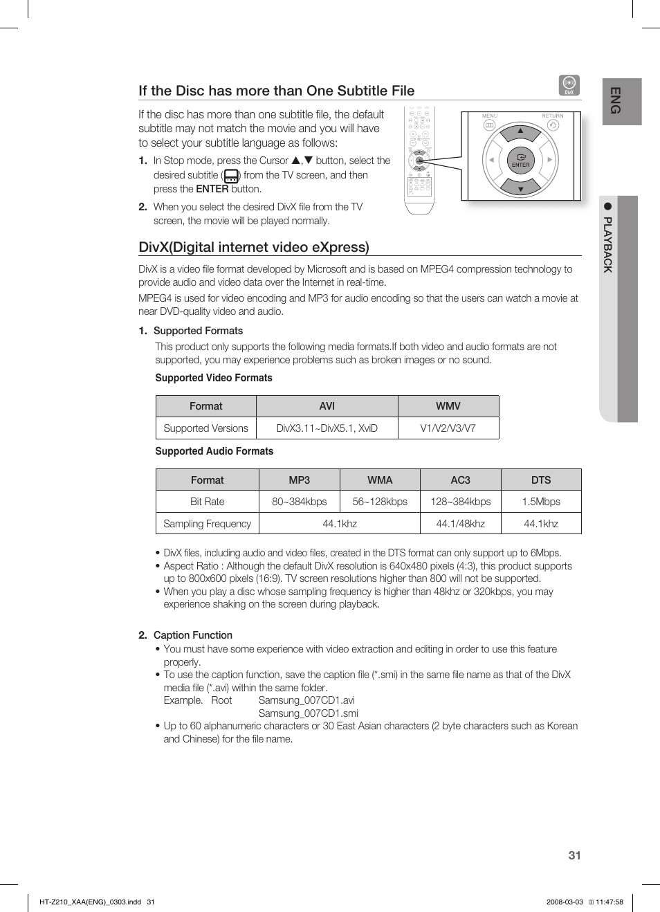 If the disc has more than one subtitle file, Divx(digital internet video express) | Samsung HT-Z210T-XAA User Manual | Page 32 / 63
