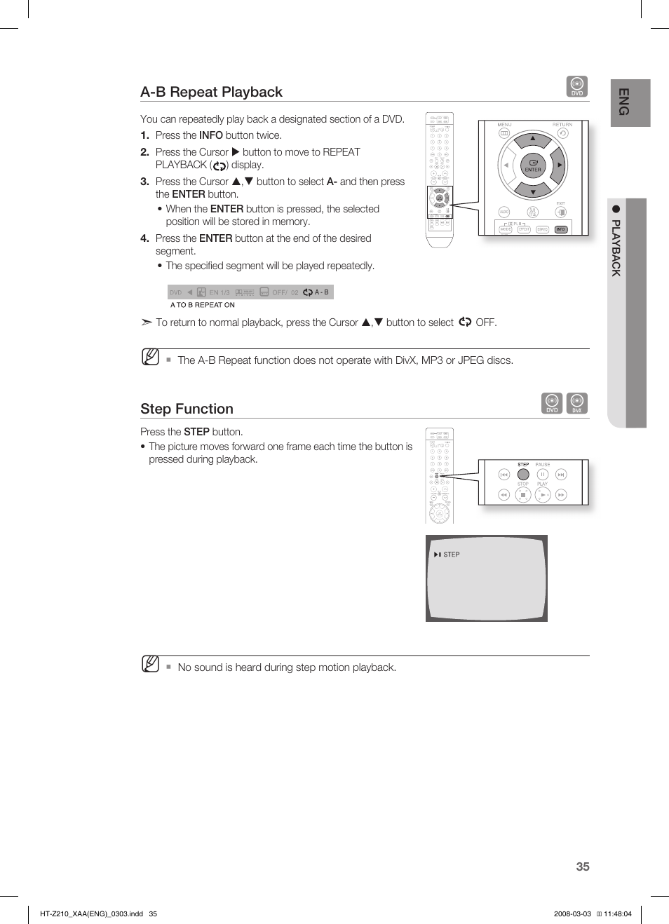 A-b repeat playback, Step function | Samsung HT-Z210T-XAA User Manual | Page 36 / 63