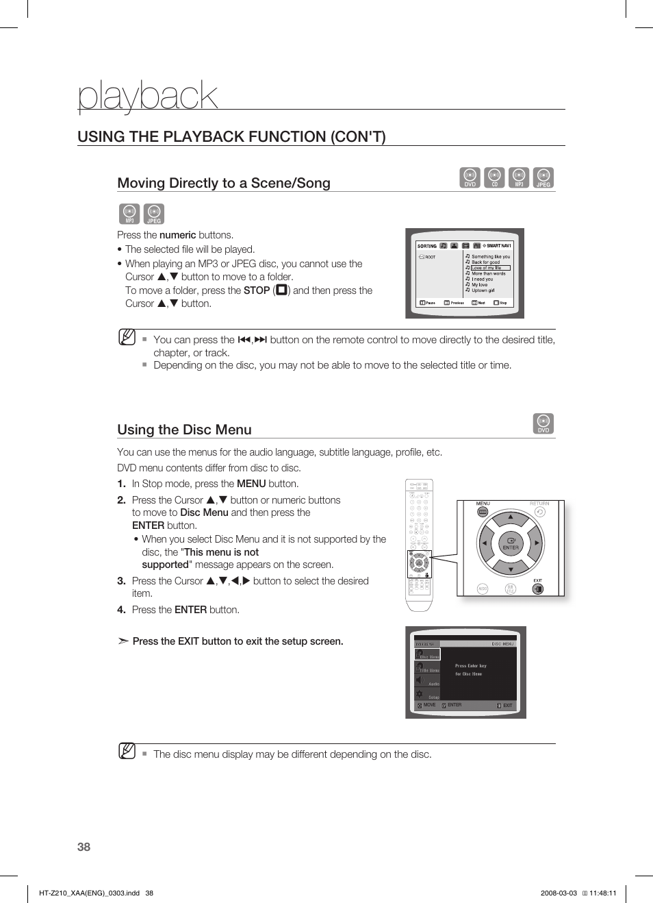Playback, Dbag ag, Using the playback function (con't) | Samsung HT-Z210T-XAA User Manual | Page 39 / 63