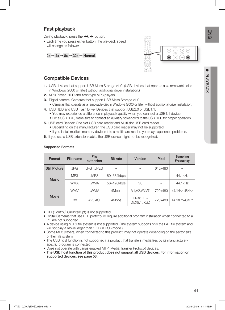 System setup, Fast playback, Compatible devices | Samsung HT-Z210T-XAA User Manual | Page 42 / 63
