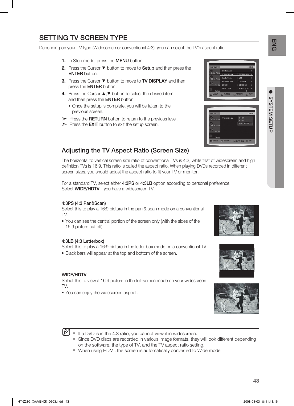 Setting tv screen type, Adjusting the tv aspect ratio (screen size), En g | Samsung HT-Z210T-XAA User Manual | Page 44 / 63