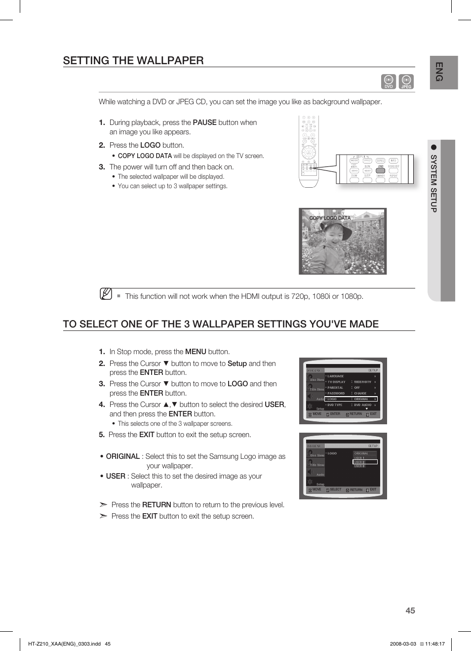 Setting the wallpaper | Samsung HT-Z210T-XAA User Manual | Page 46 / 63