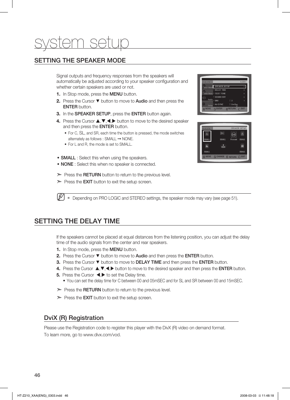 System setup, Setting the delay time, Setting the speaker mode | Dvix (r) registration | Samsung HT-Z210T-XAA User Manual | Page 47 / 63