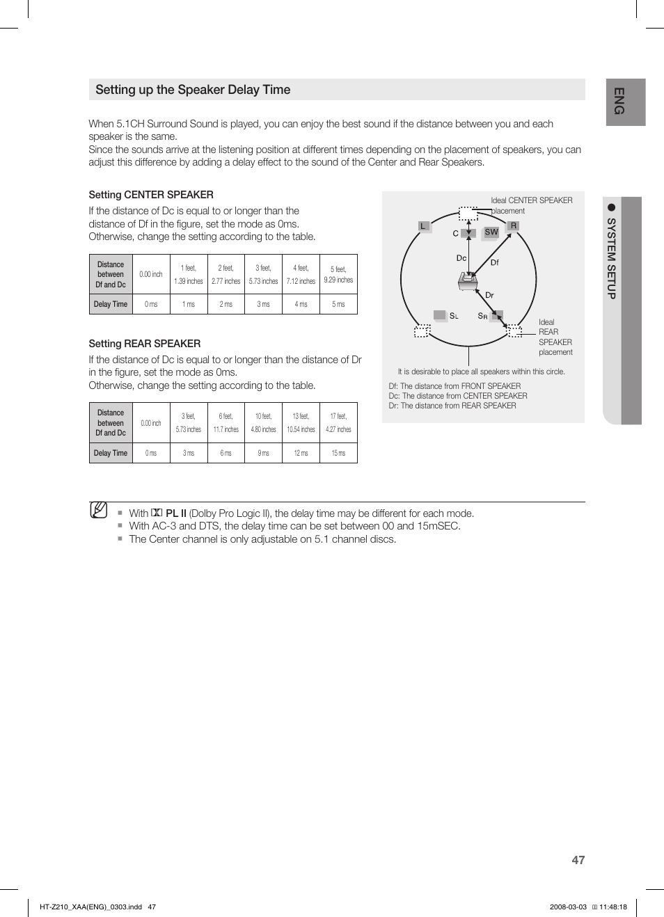 En g, Setting up the speaker delay time | Samsung HT-Z210T-XAA User Manual | Page 48 / 63