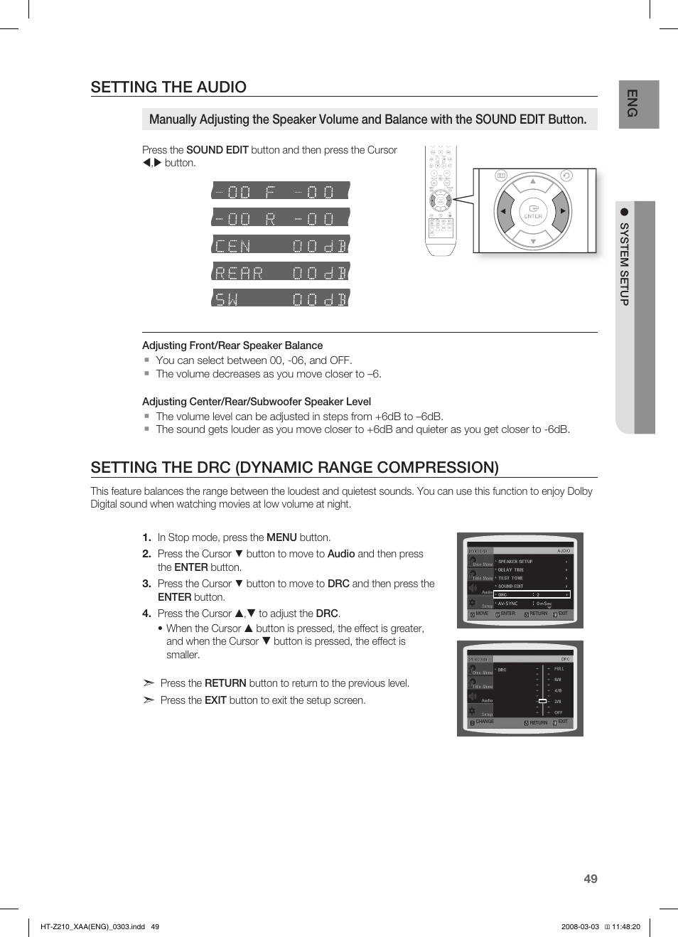 Setting the audio, Setting the drc (dynamic range compression) | Samsung HT-Z210T-XAA User Manual | Page 50 / 63